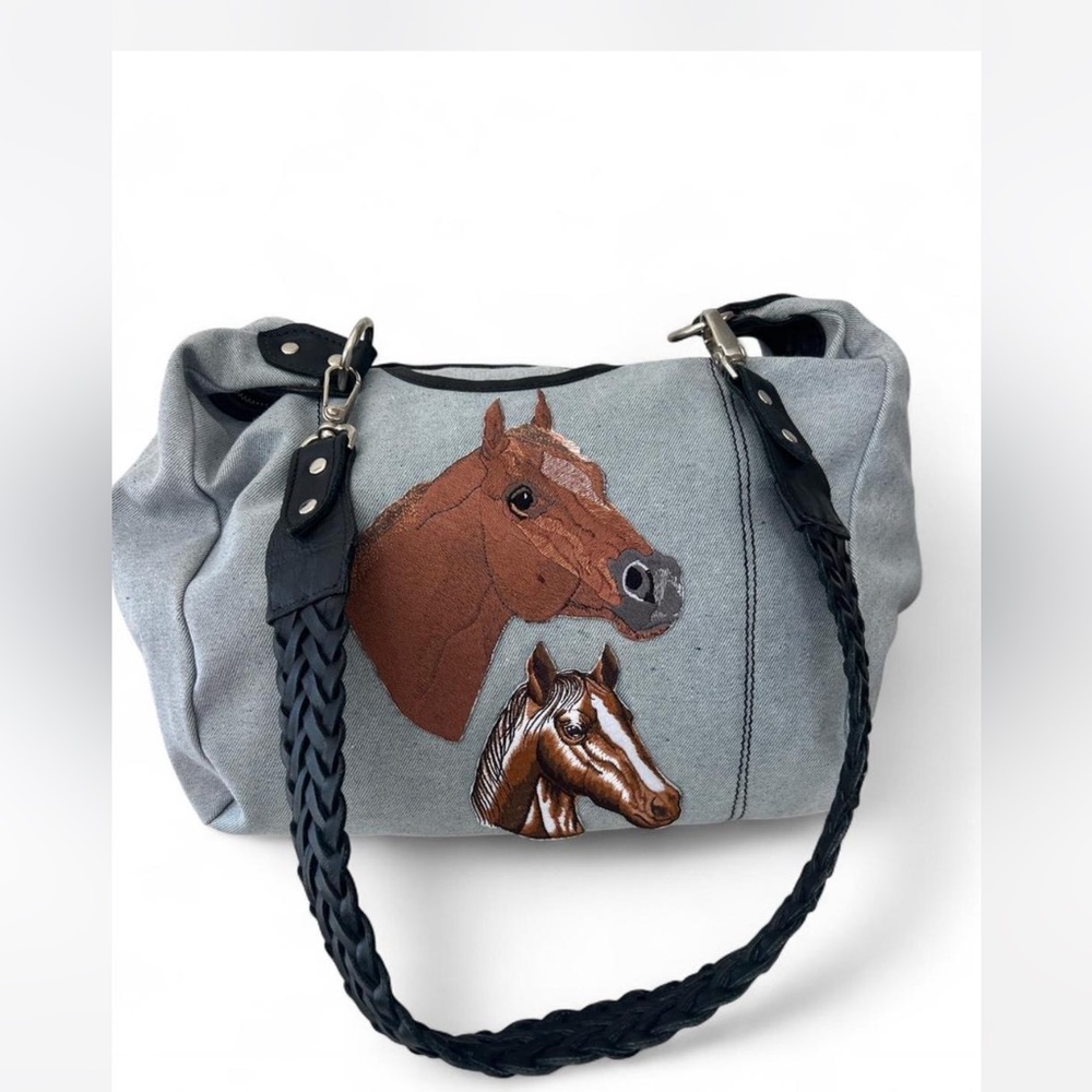 Western Denim and Leather Slouchy Large Horse Bag/Crossbody